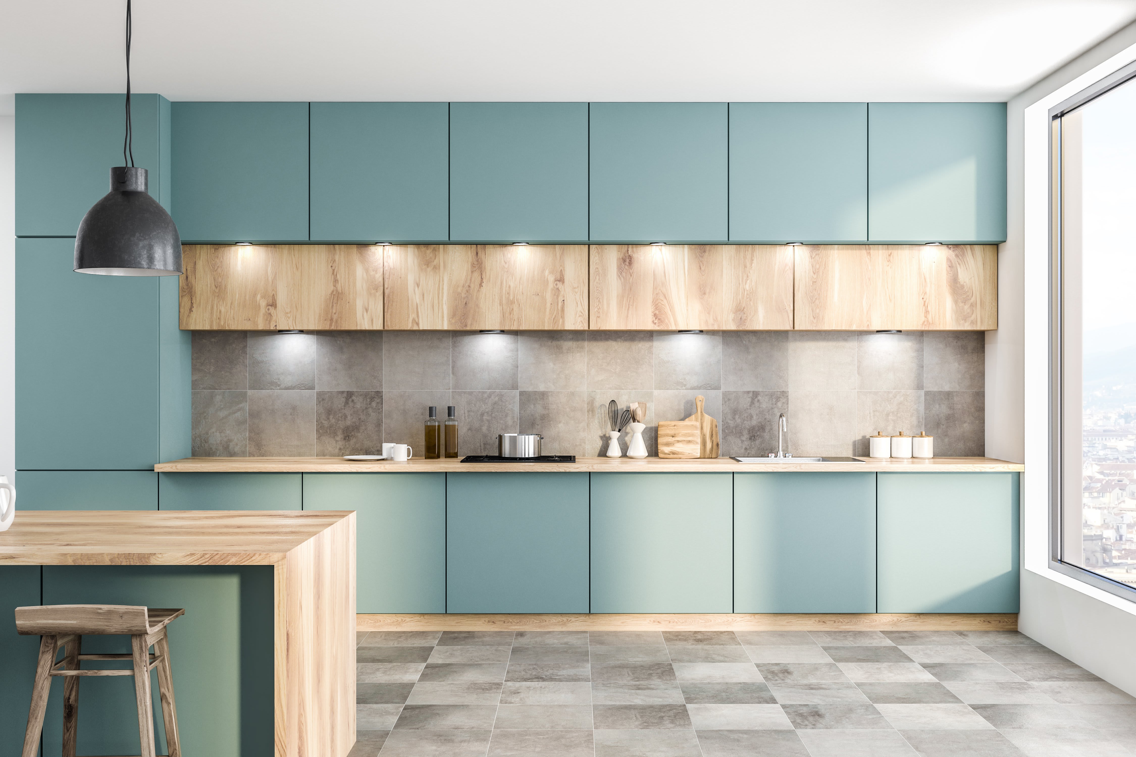 Moderne Küche in gedämpftem Türkis mit hellen Holz-Highlights