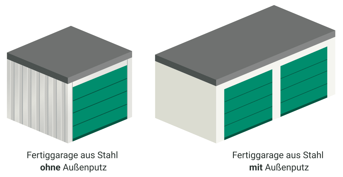Grafik zeigt zwei unterschiedliche Fertiggaragen-Modelle aus Stahl